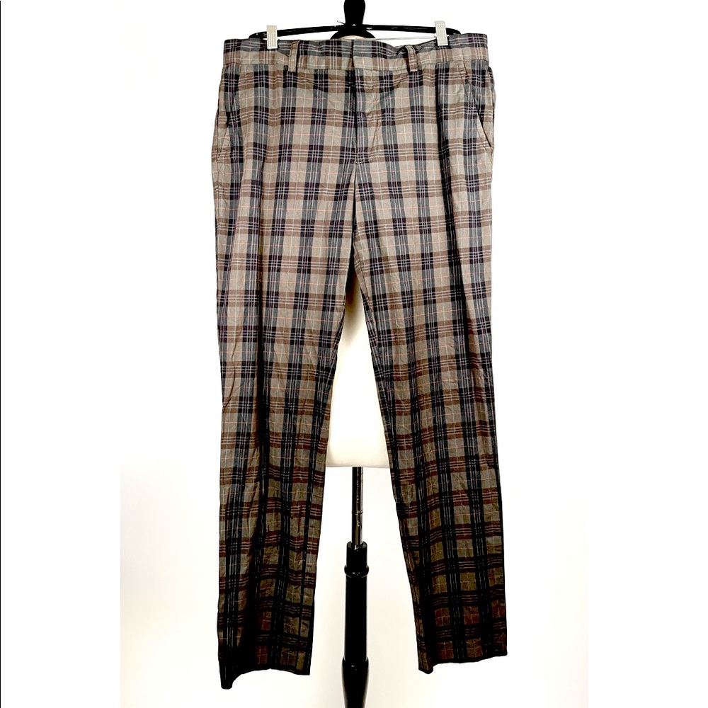 Trina Turk Mr. Turk Clyde Olive Plaid Cotton Slim Flat-Front Trousers